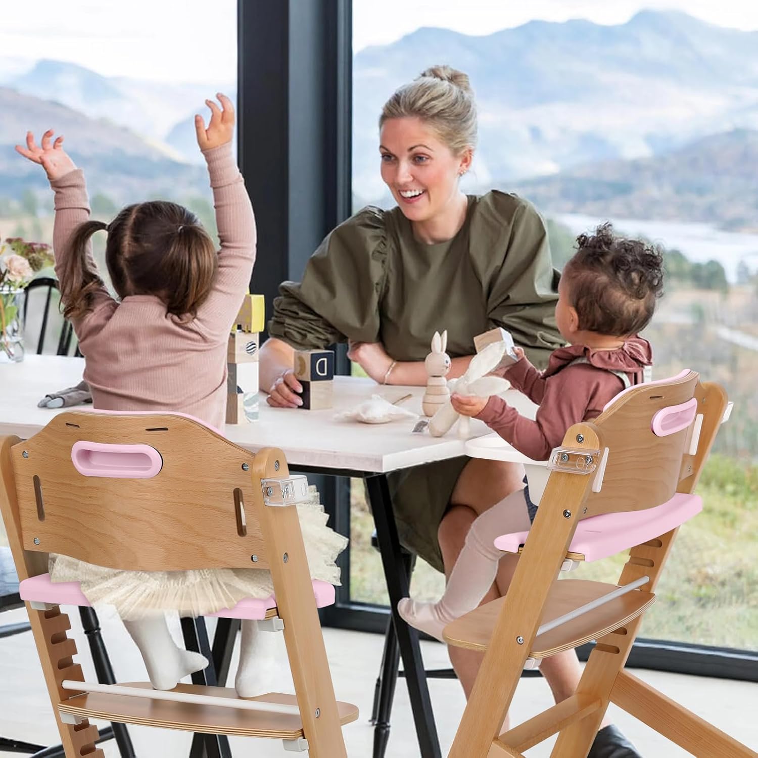 Cowiewie Natural Wooden High Chair for Babies & Toddlers 3-Tier Remove Adjustable Tray and Highchair with Cushions, Easy to Clean, Portable. (Pink)