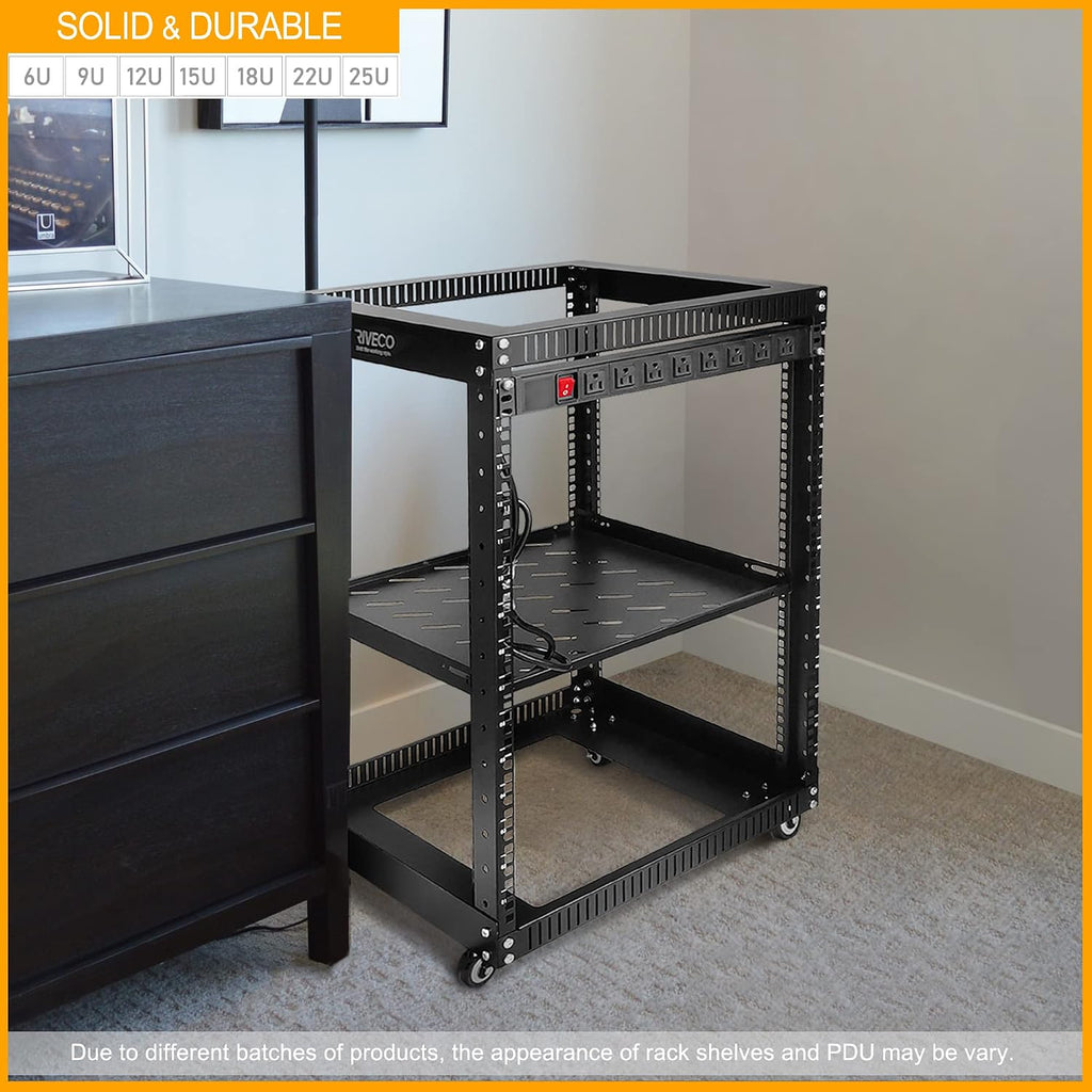 RIVECO 15U 19 Inch Open Frame Server Rack with Wheels Including 1U Rack Shelf & Power Strip Universal for 19' Network Equipment Black