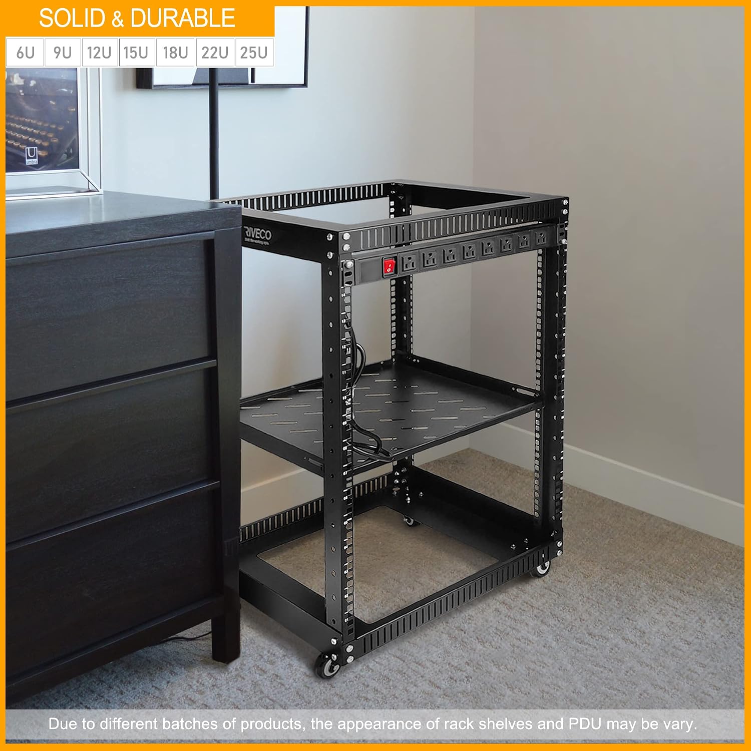 RIVECO 18U Open Frame Server Rack with Brake Casters + PDU (8 Outlets) Power Strip Surge Protector + 2 PCS Rack Shelves Cantilever Tray Set Black