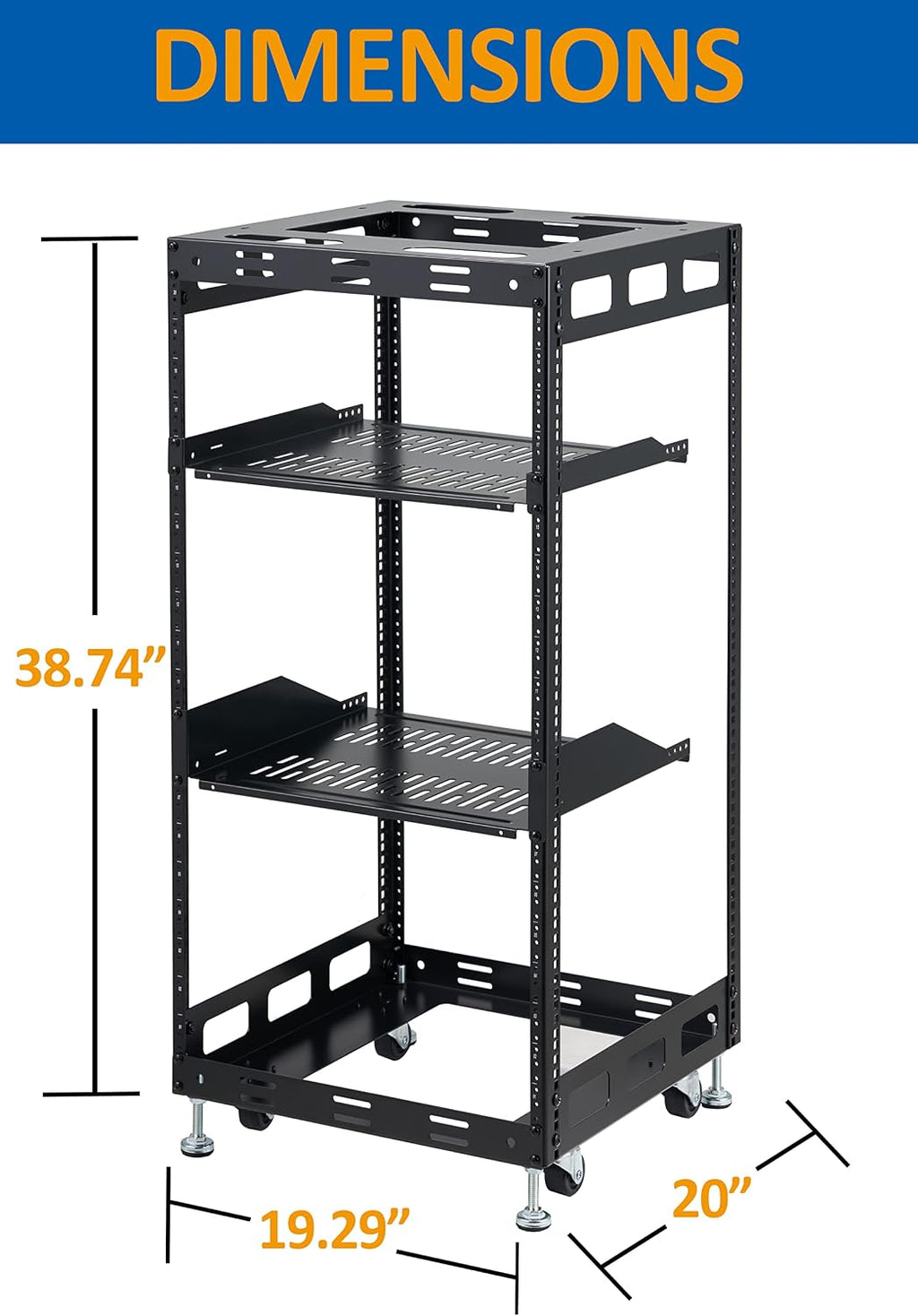 20U Open Frame Rack for Servers & AV Gear - Wall Mountable Design Includes 2X Vented Shelves, 4X Leveling Feet, 4X Casters