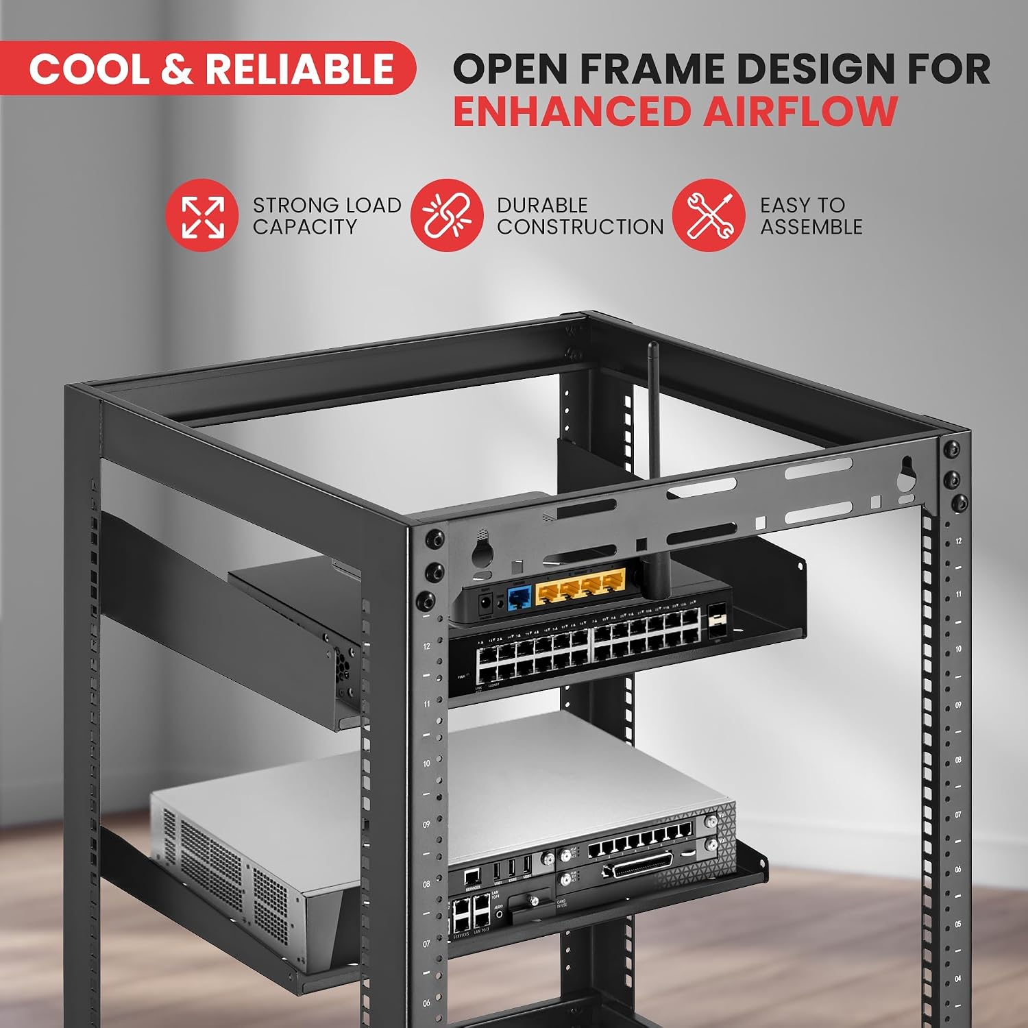 Pyle 15U Network Cabinet - Open Wall Mount Server Rack w/Heavy-Duty Wheels, Wall-Mountable, Steel Construction, Vented Shelves, Easy Access, 19' Equipment Compatible, 20 x 20 x 26 in (Black)