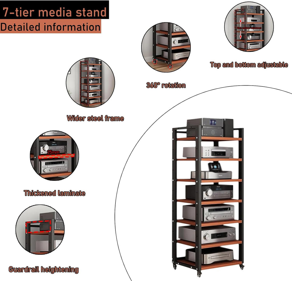 7 Tier Audio Rack Tower, CD Record Player Stereo Receiver AV Equipment Cabinet Display Rack, Weight Capacity 661 lbs, with Adjustable Wooden Shelves for Home (7 Tier Teakwood)