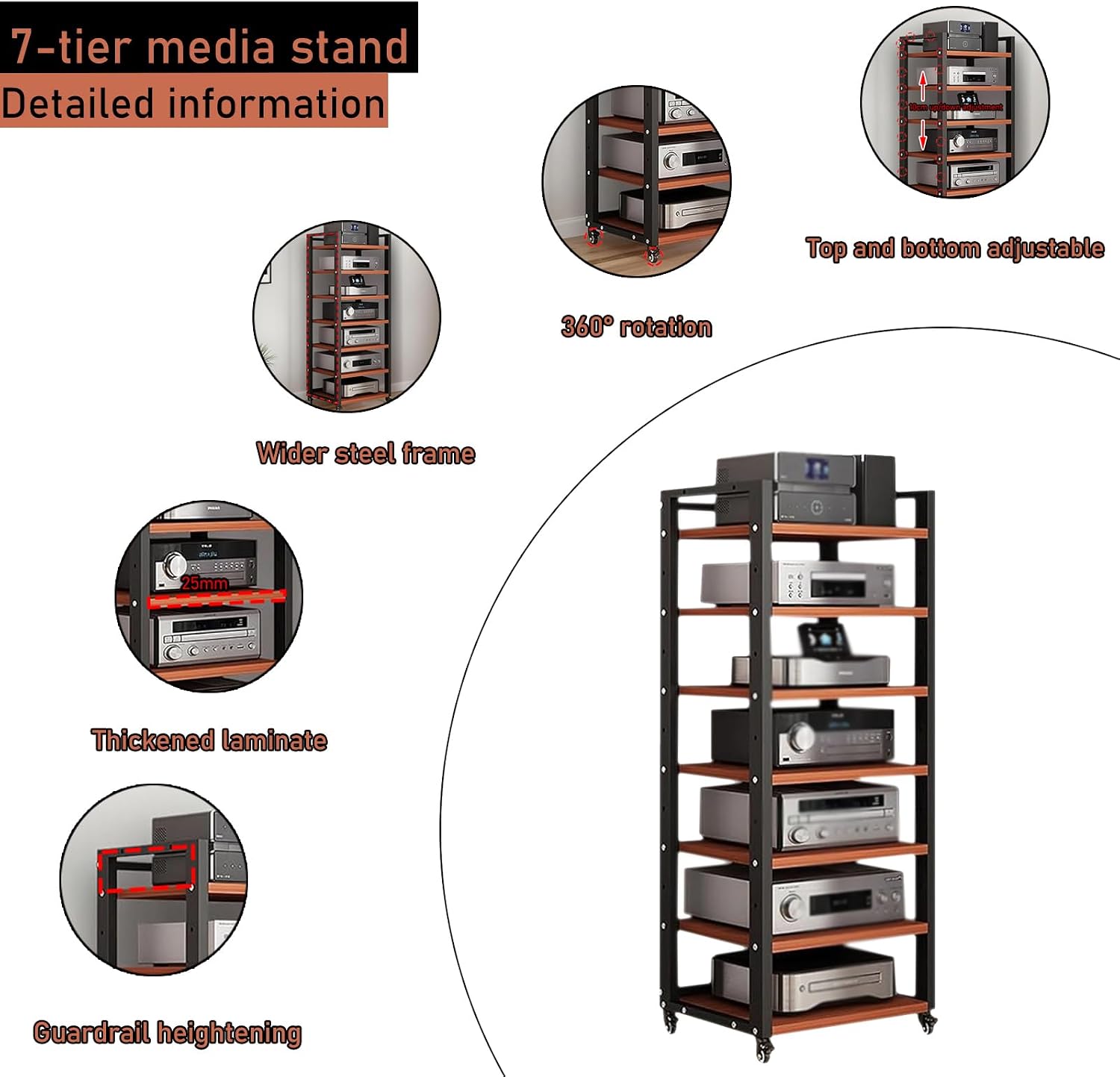 7 Tier Audio Rack Tower, CD Record Player Stereo Receiver AV Equipment Cabinet Display Rack, Weight Capacity 661 lbs, with Adjustable Wooden Shelves for Home (7 Tier Teakwood)