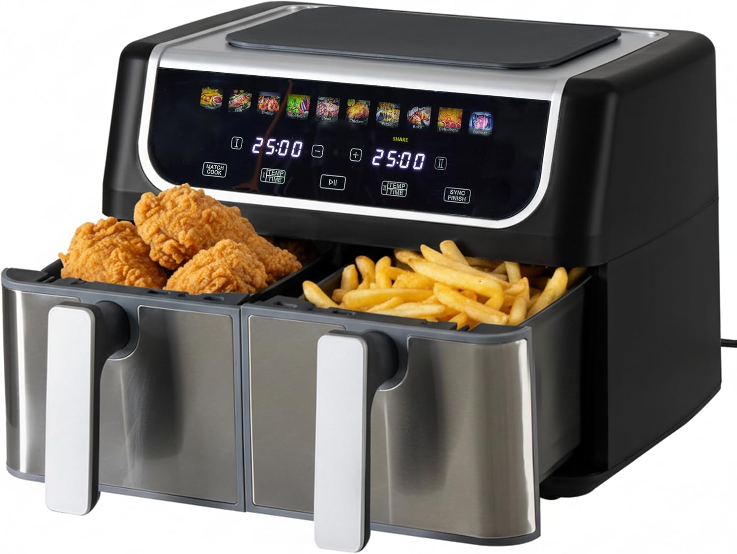 HealSmart 9.5Qt Dual Zone Air Fryer, 1700W 10-in-1 Multifunctional Air Fryer Oven, Independent Temp Control, Sync Cooking & Shake Reminder, Non-Stick Basket Ideal for Family Use, Black