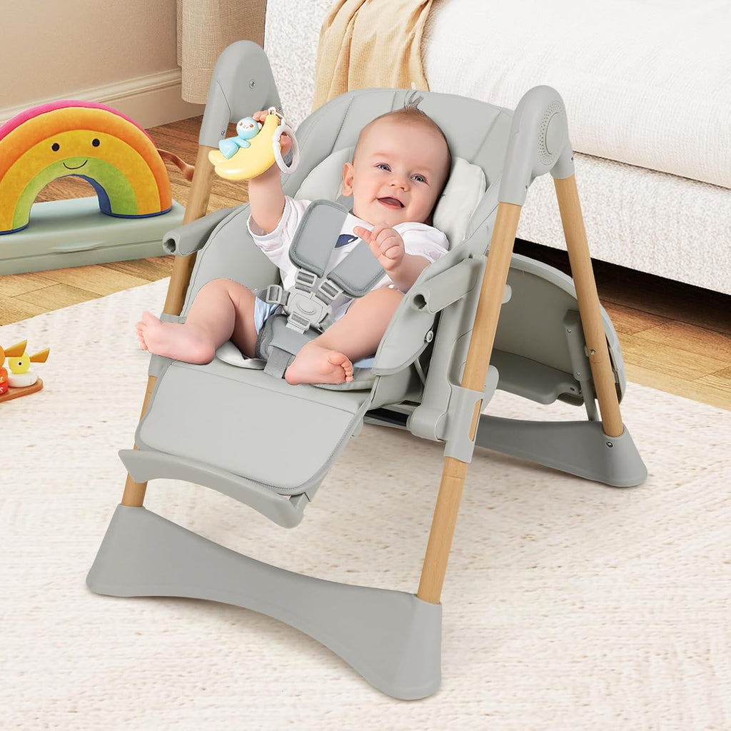 INFANS Baby High Chair, High Chairs for Babies & Toddlers with Adjustable Height Backrest Footrest Removable Tray, Easy to Clean PU Seat Convertible Quick Folding Portable Highchair