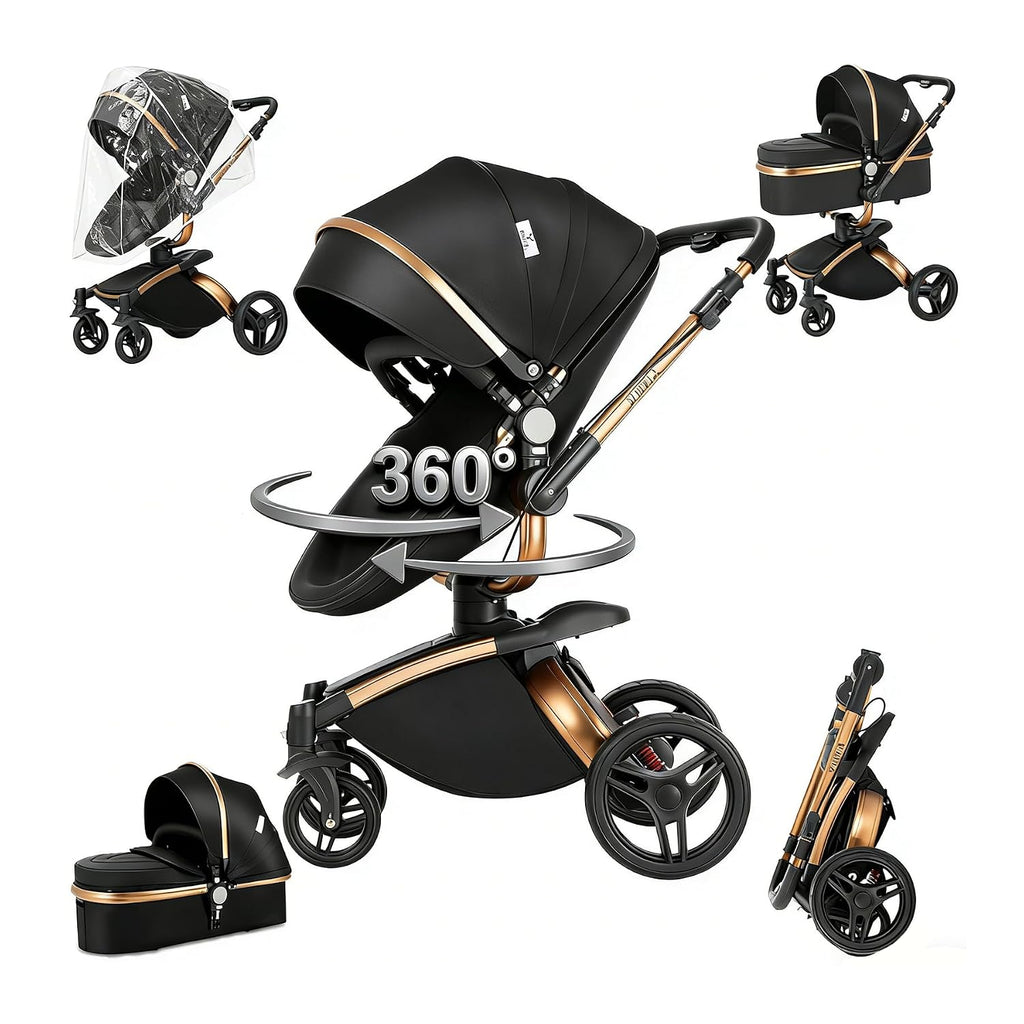 360° Rotatable PU Leather 2 in 1 Convertible Baby Stroller Mode, Infant Stroller One-Click Folding, Toddler Newborn Travel Standard Carriage Pram (HR002-Black)