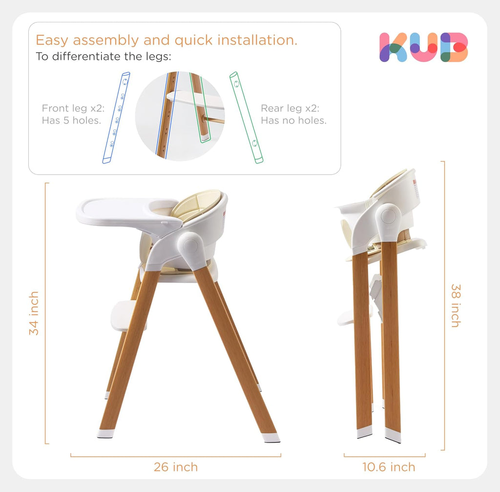 KUB High Chair for Babies and Toddlers Adjustable Foldable Convertible 5 Point Harness Easy Clean Wood-Printed Metal with Removable Tray Baby Highchair for Family (White&Natural Wood-Printed Metal)