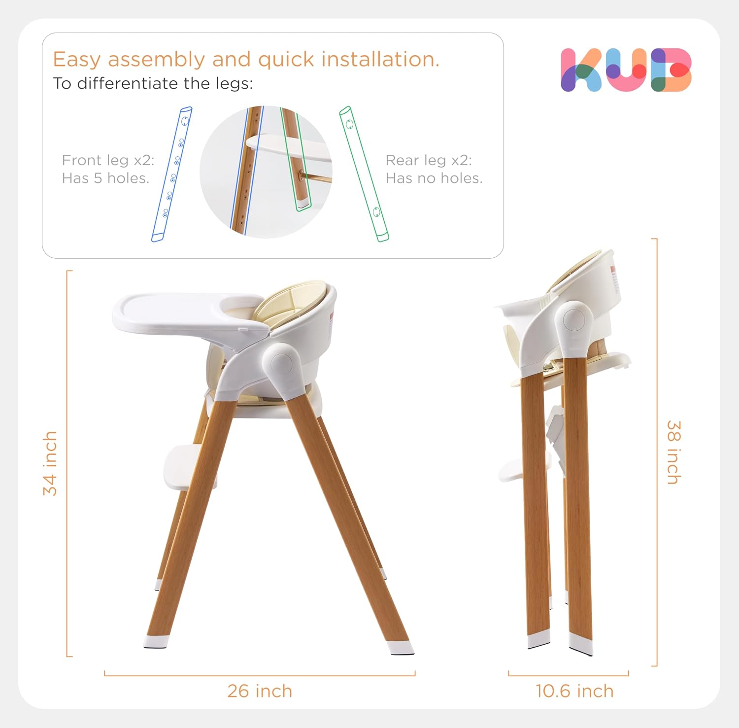 KUB High Chair for Babies and Toddlers Adjustable Foldable Convertible 5 Point Harness Easy Clean Wood-Printed Metal with Removable Tray Baby Highchair for Family (White&Natural Wood-Printed Metal)