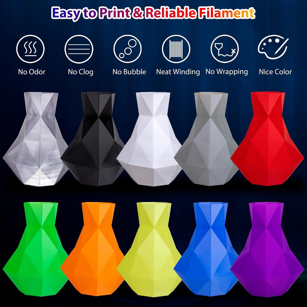 PLA Pro 3D Printer Filament 10 Packs, 1.75mm No Tangle, Each Spool Net Weight 1KG, in Total 10KG Bundles, Black+White+Grey+Clear+Blue+Green+Orange+Red+Yellow+Purple