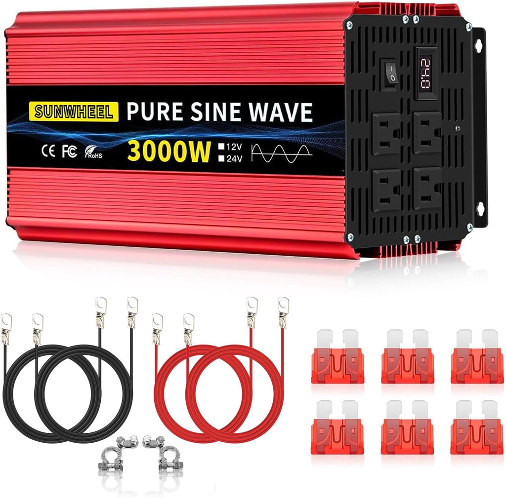 SUNWHEEL 3000W 24V Pure Sine Wave Inverter, 24V DC to 110V/120V AC Power Inverter for RV、Off Grid、Truck、Power Outage with 4 AC outlets and LCD Display