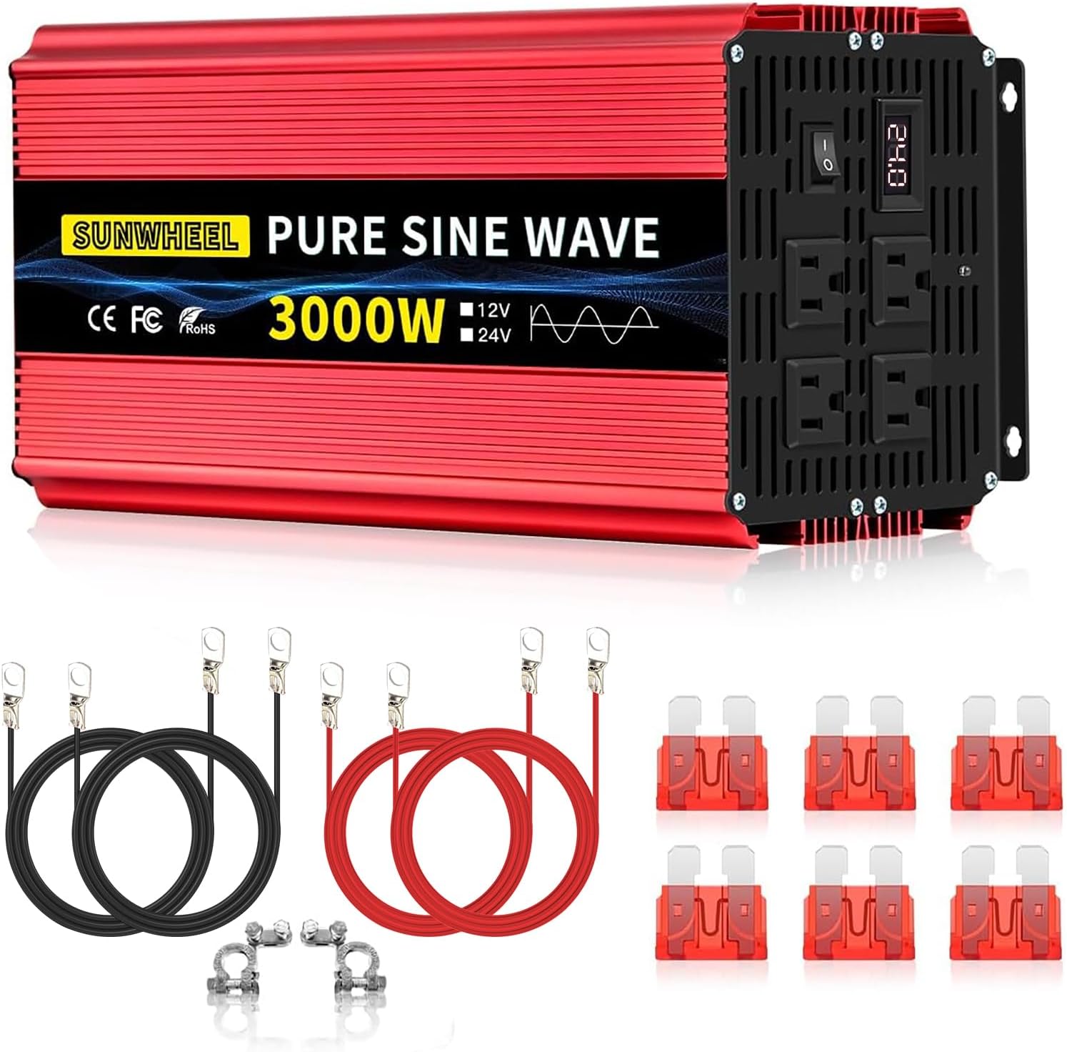 SUNWHEEL 3000W 24V Pure Sine Wave Inverter, 24V DC to 110V/120V AC Power Inverter for RV、Off Grid、Truck、Power Outage with 4 AC outlets and LCD Display