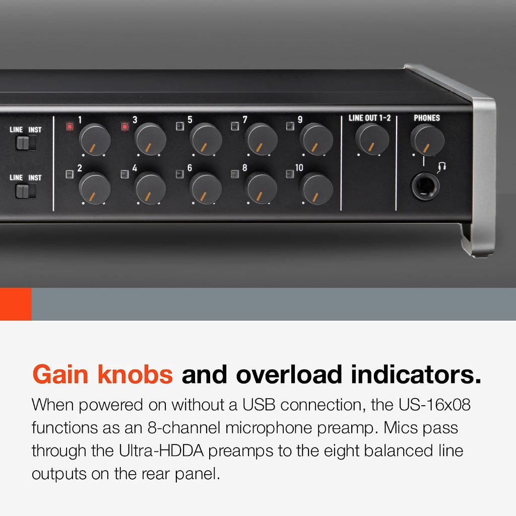 Tascam US-16x08 Rackmount USB Audio/MIDI Interface for Recording, Drum Recording, 8 XLR/8 1/4' Inputs, 8 Outputs, Control Software,Black