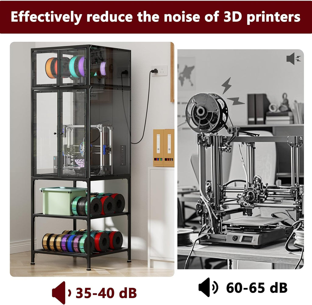 Majnesvon 3D Printer Cabinet, Double Layer 3D Printer Stand Filament Storage Rack with T Shaped Bar, Noise Reducing & Dust Proof Enclosure for Home, Studio and Office