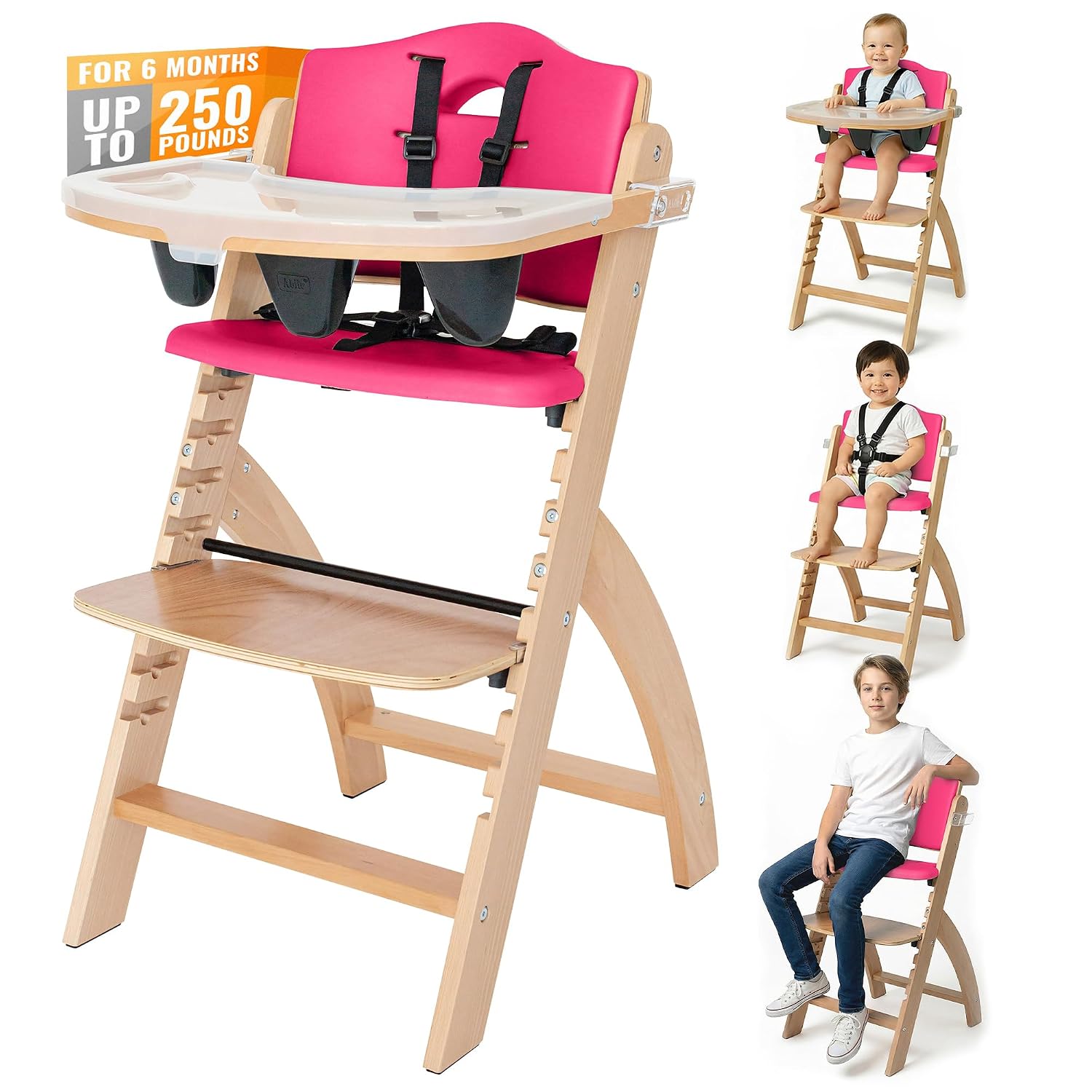 Abiie Beyond Junior Wooden High Chair for Babies and Toddlers - Convertible 3-in-1 Baby Highchair with Removable Tray - 6 Months to 250 Lb - Water Resistant - Natural Wood/Raspberry Cushion