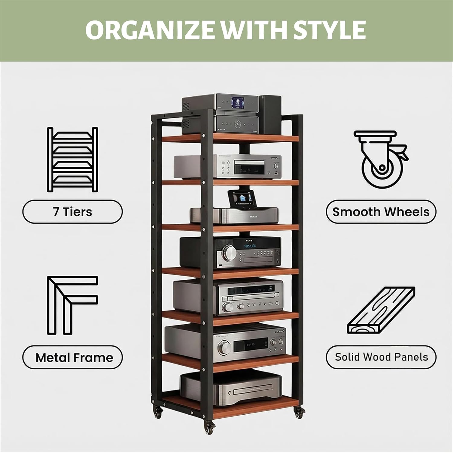 7-tier Av Media Stand, Audio Rack With Adjustable Shelves, Stereo Racks And Stands With Wheels, Stereo Rack For Home, Office, Theater(B)