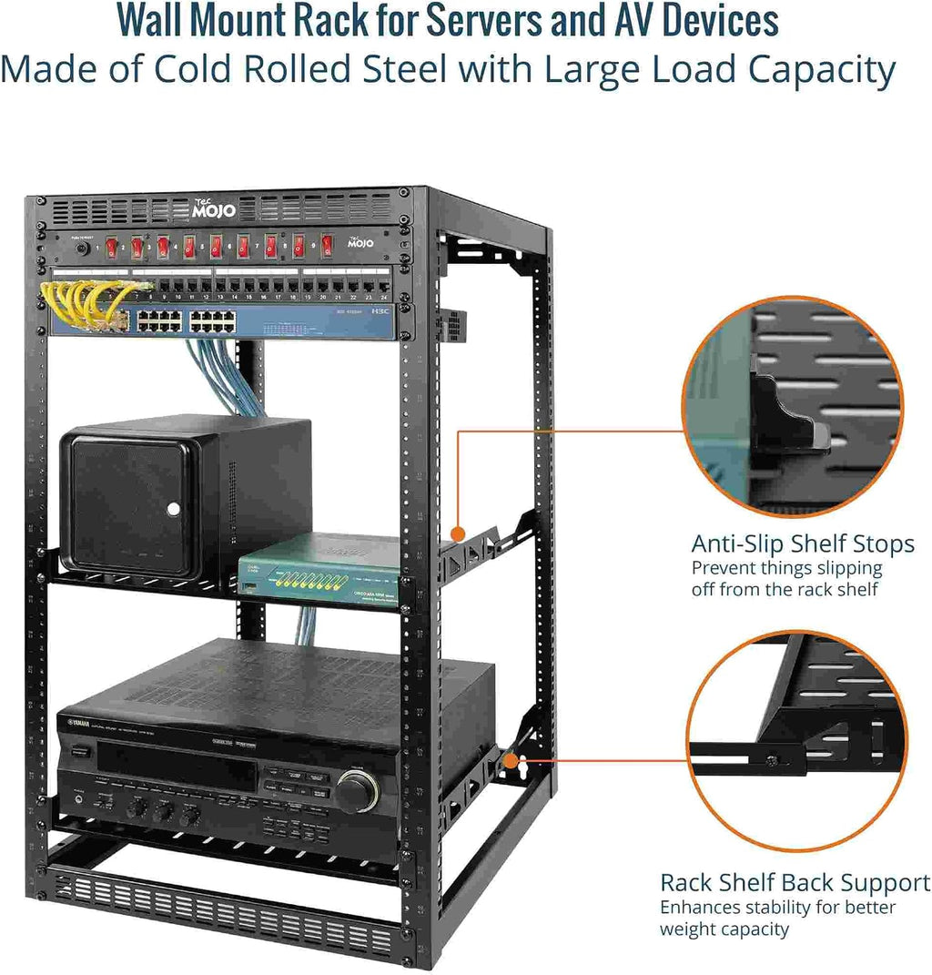 Tecmojo 20U Open Frame Network Rack for IT & AV Gear, AV Rack Floor Standing or Wall Mounted,with 2 PCS 1U Rack Shelves & Mounting Hardware,Network Rack for 19' Networking,Audio and Video Device