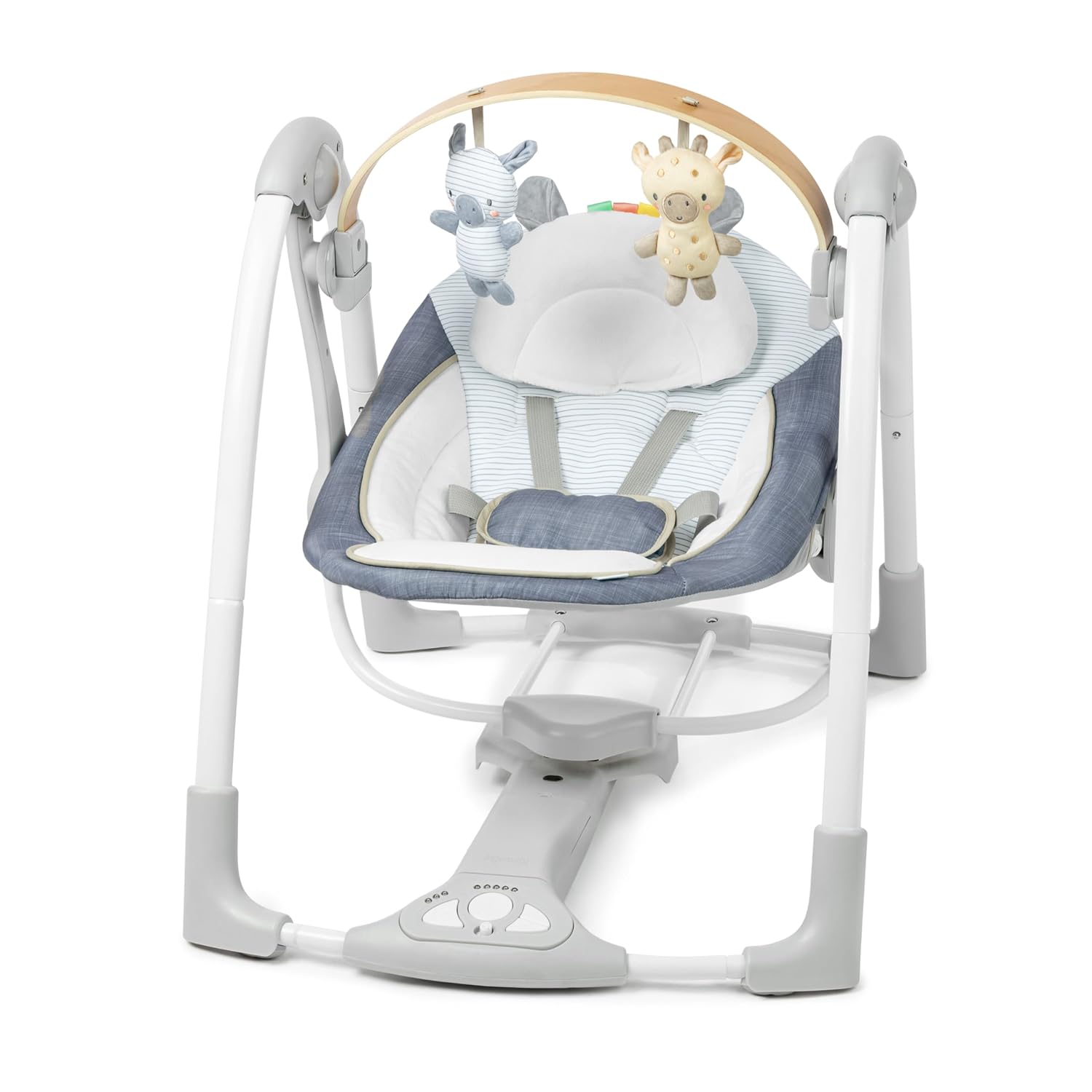 Ingenuity Swing n Go Portable Swing, Removable Sustainably Sourced Wood Toy Bar, 5-Speed, for Ages 0-9 Months, Up to 20 Pounds - Chambray