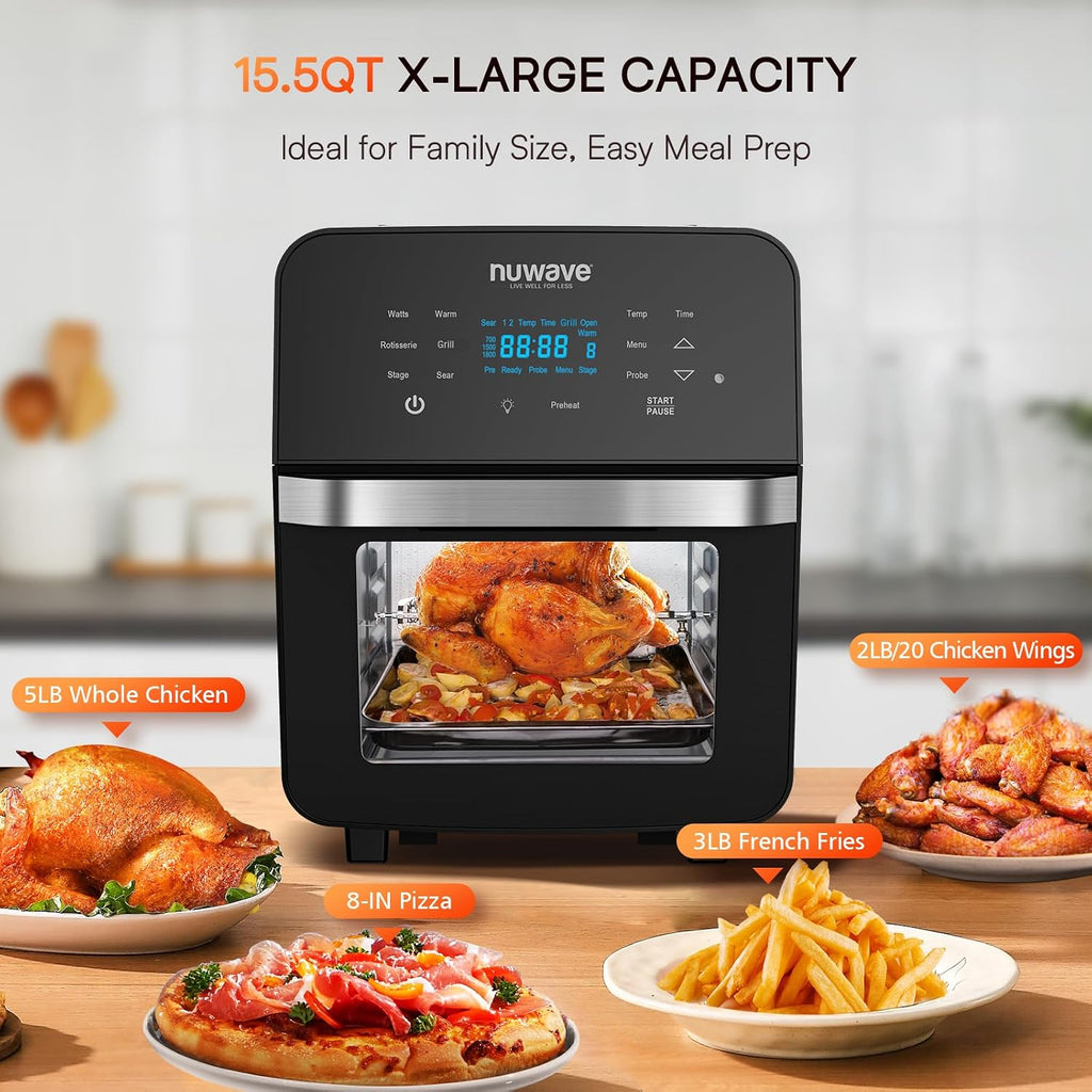 Nuwave Brio 15.5Qt Air Fryer Oven with Plug-In Grill, XL Family Size, 10-in-1, Air Fry, Grill, Rotisserie, Even & Crisp Cooking, 50°–425°F, 1800W