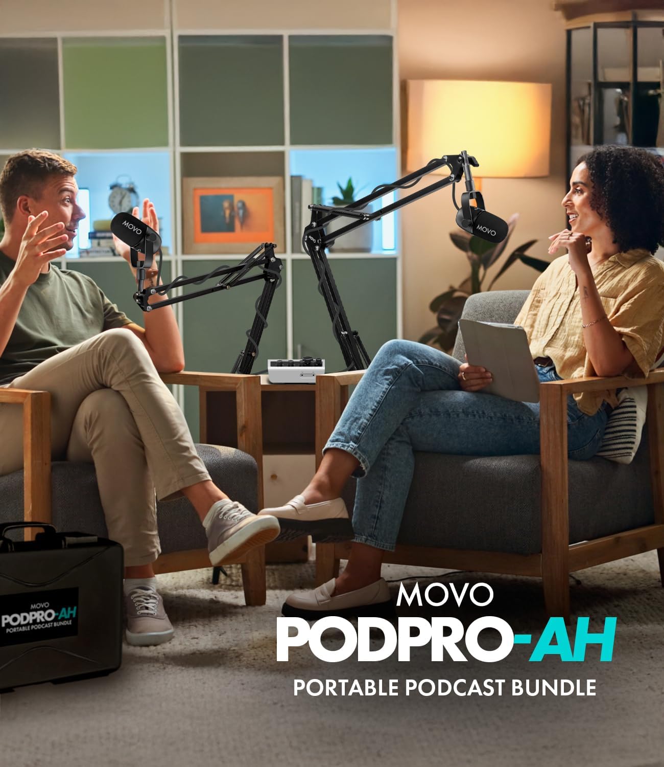 Movo Portable Podcast Equipment Bundle for iPhone/Android Phones- Podcast Kit with Audio Interface, 2 CastMic Dynamic Mics, 2 Headphones, 2 Boom Arms - for Smartphones, Computers, PC and Mac