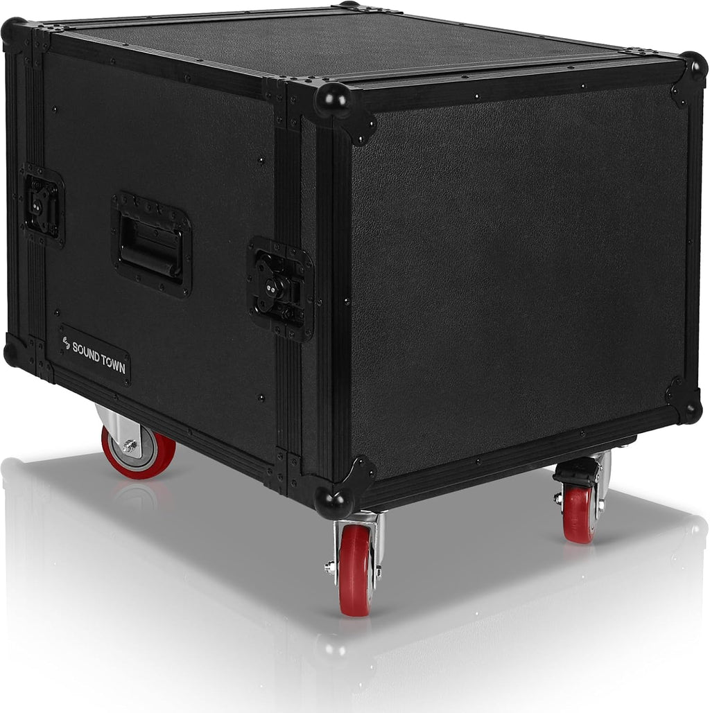 Sound Town Black Series Shock Mount 8U ATA Plywood Rack Case with 21' Rackable Depth, All-Black Anodized Hardware and Casters, Pro Tour Grade (STRC-SPB8UW)