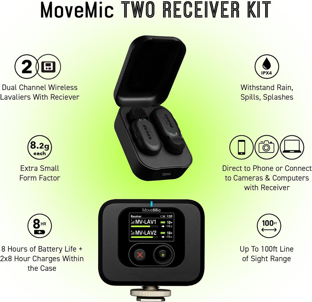 Shure MoveMic Two Kit, Pro Wireless Lavalier Microphones with Camera Receiver for DSLR, iPhone, Android, Mac, PC, 24-Hour Charge (MV-Two-KIT-Z7)