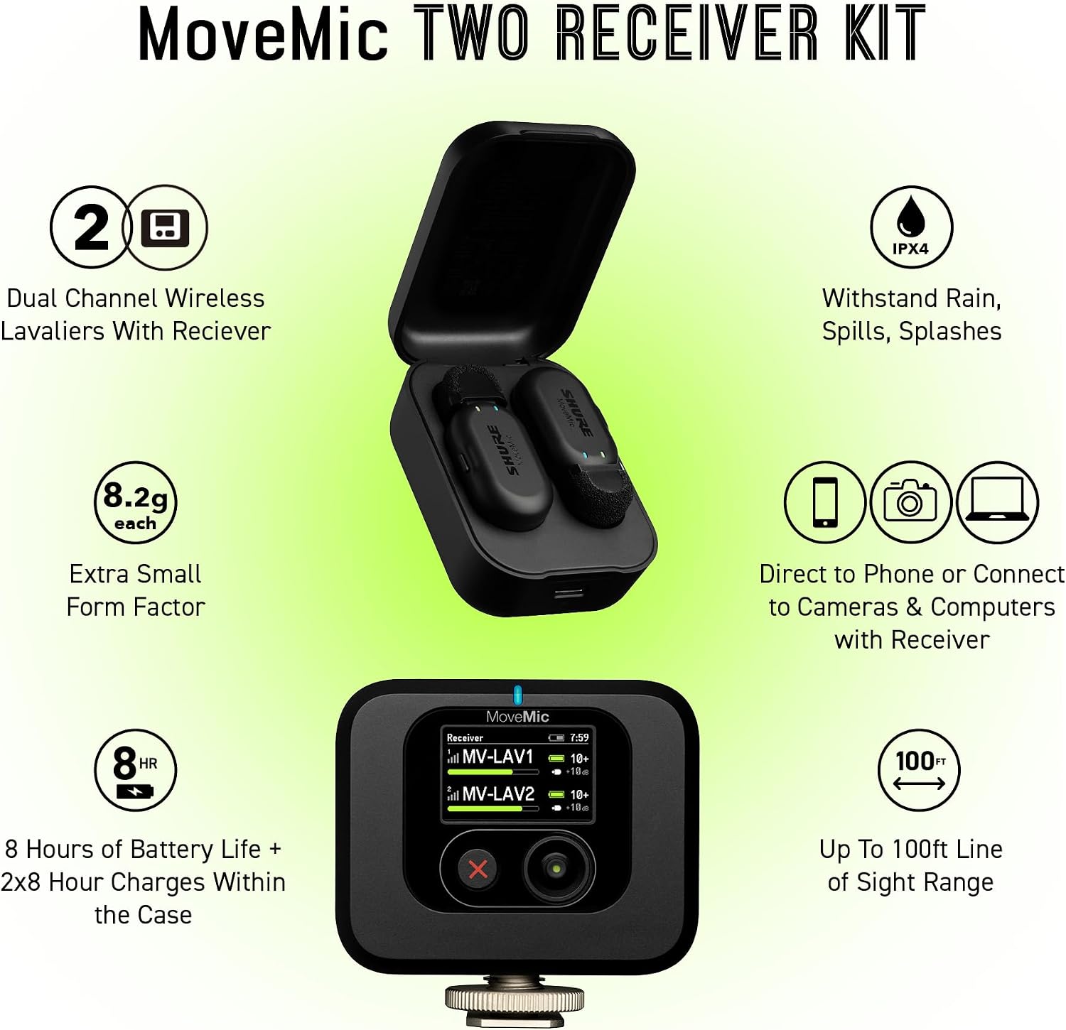 Shure MoveMic Two Kit, Pro Wireless Lavalier Microphones with Camera Receiver for DSLR, iPhone, Android, Mac, PC, 24-Hour Charge (MV-Two-KIT-Z7)