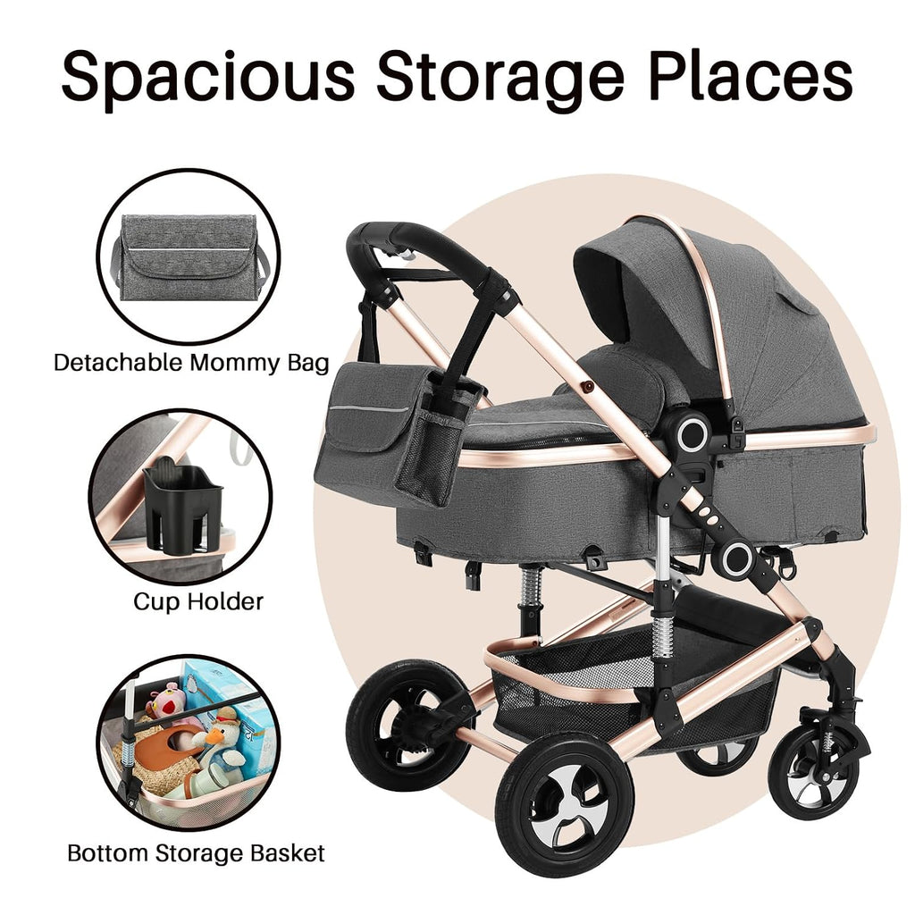 2 in 1 Baby Stroller, Convertible Pushchair Stroller w/Reversible Seat, Foldable Newborn Pram Carriage, Adjustable Canopy, Storage Basket, Diaper Bag & Cup Holder, 0-36 Months (Golden)