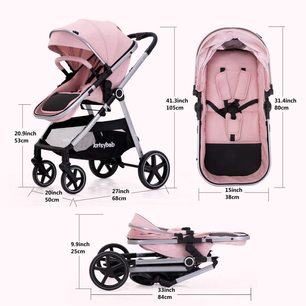 Lortsybab 2-in-1 Baby Stroller - Folding Infant Newborn Pram Stroller with Reversible Seat - Toddler Strollers for 0-36 Months Old Babies (Pink)
