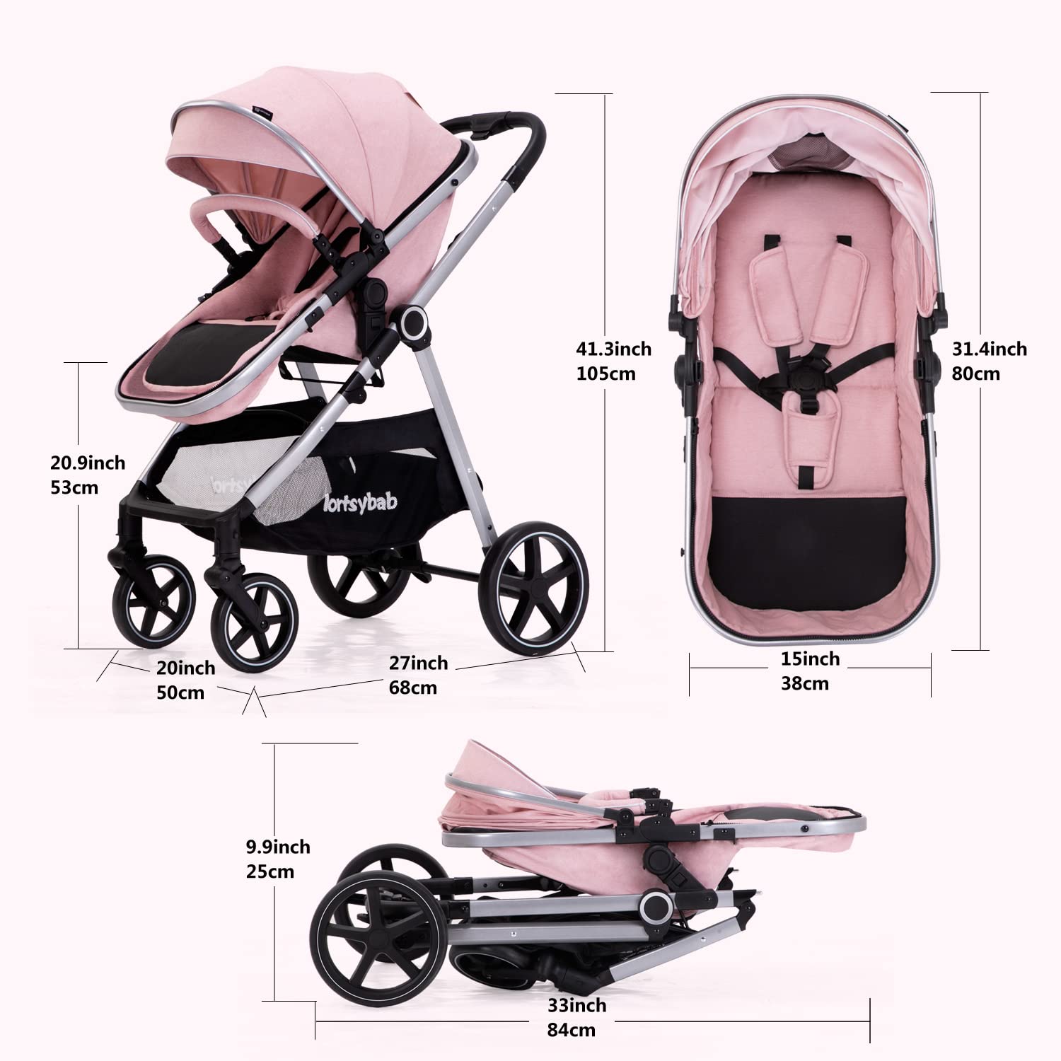 Lortsybab 2-in-1 Baby Stroller - Folding Infant Newborn Pram Stroller with Reversible Seat - Toddler Strollers for 0-36 Months Old Babies (Pink)
