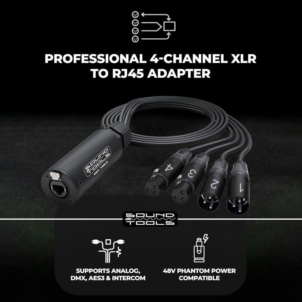 SoundTools CAT Tails MFX – 4 Channel 2 Female + 2 Male XLR to EtherCON Breakout Tails – Send/Return for Analog Audio Over CAT5e/6/7 – Neutrik Connectors – Aluminum Housing for Stage & Live Sound