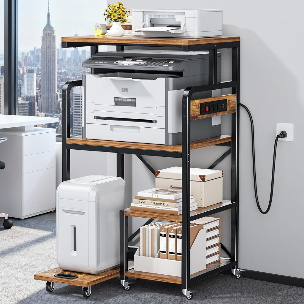 POKIPO Large 4 Tier Printer Stand, 26.7 x 21.2 x 50.2 Inches Tall Printer Cart with Power Outlets 4-Adjustable Heavy Duty Rolling Shelf for Home Office Kitchen Stand for Paper Shredder Mini Fridge