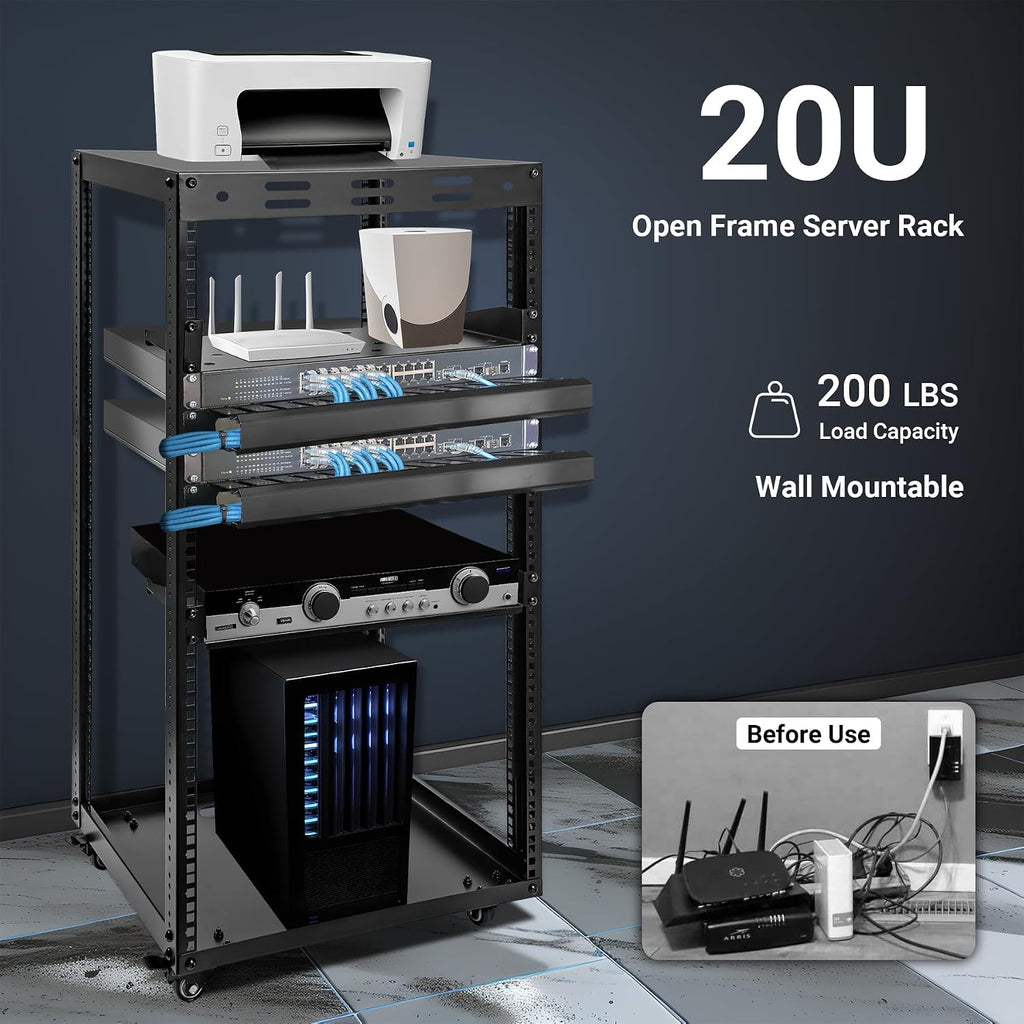 20U Server Rack w/ 2 Racks, Versatile Open Frame IT Rack - Wall-Mount, Rotate and Push w/Ease, AV Rack w/Top & Bottom Panels, Hook and Loop Straps for 19' Stereo/Data/IT/Computer Equipment