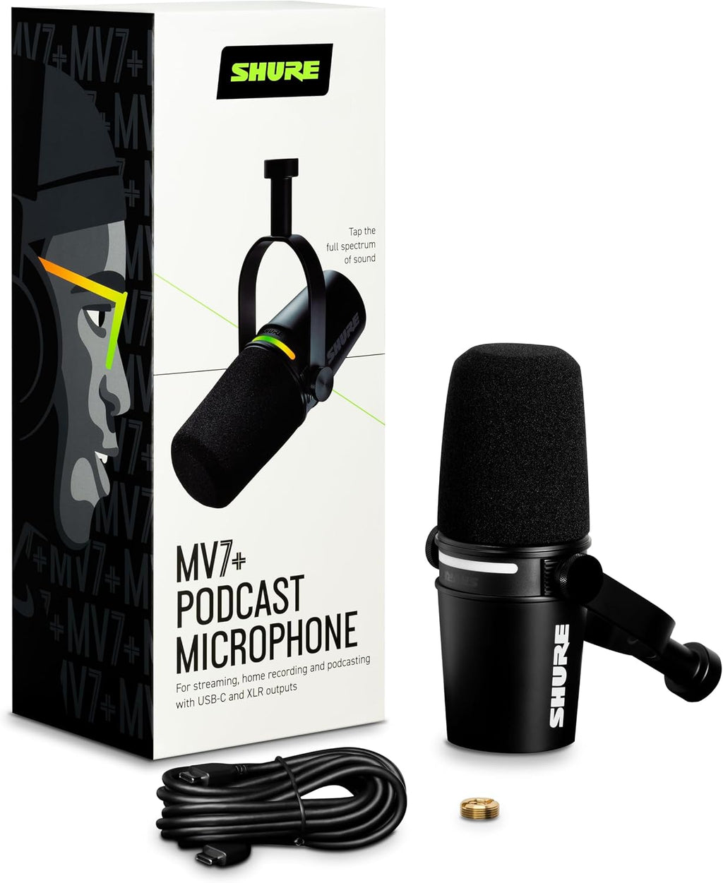 Shure MV7+ Dynamic Microphone – USB-C & XLR Podcast Mic for Streaming, Recording & Broadcasting, OBS Certified, Auto Level Mode, Digital Pop Filter, LED Panel, Black