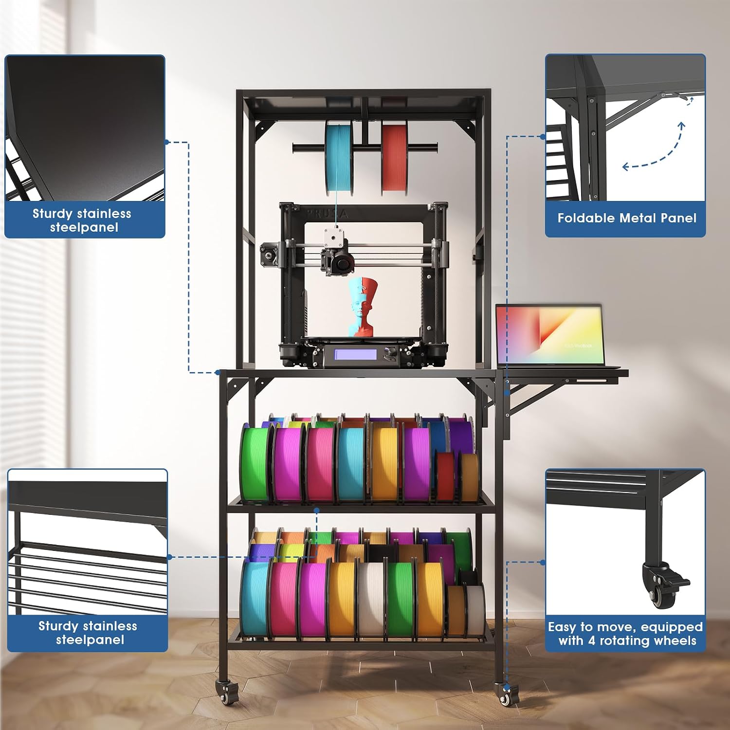 Heavy-Duty 3D Printer Stand with Filament Storage, T-Shape Spool Holder (on Wheels), for 3D Printing Studio & Home Office Workshop - Black Metal