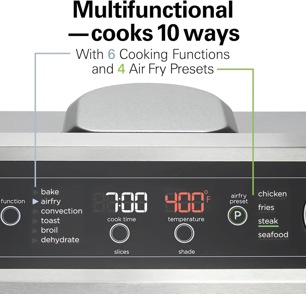 Hamilton Beach Digital Air Fryer Toaster Oven Combo, 10 Ways to Cook, 4 Preset Functions, Stay On & 1800 Watts, LED Capacitive-Touch Controls, 2 Rack Positions, Fits 12' Pizza, Black & Stainless Steel