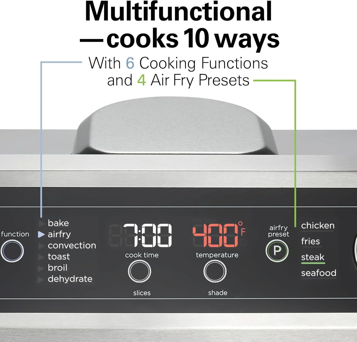 Hamilton Beach Digital Air Fryer Toaster Oven Combo, 10 Ways to Cook, 4 Preset Functions, Stay On & 1800 Watts, LED Capacitive-Touch Controls, 2 Rack Positions, Fits 12' Pizza, Black & Stainless Steel