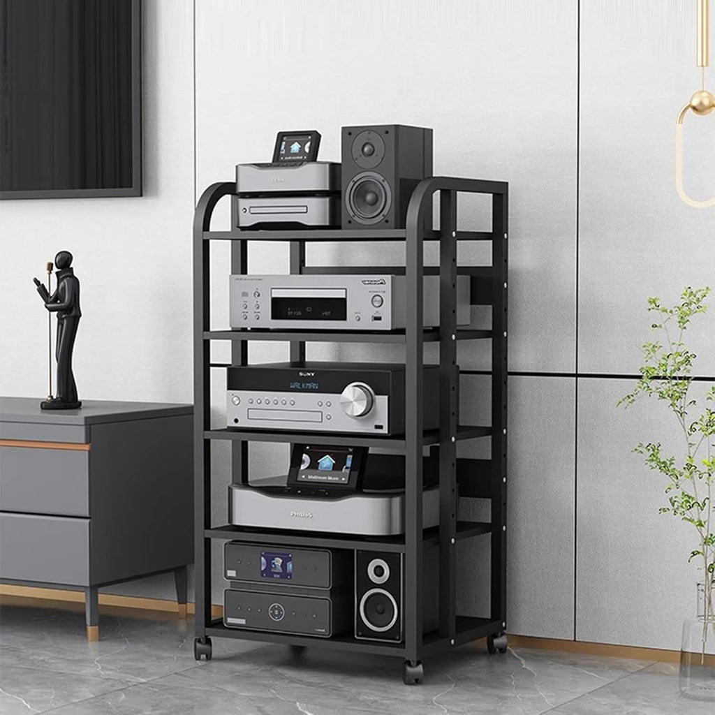 WDJBPSH Rolling Audio Equipment Storage Cart, Heavy Duty Media Rack with Height Adjustable Wooden Shelf, Office Bedroom Living Room Av Stereo Rack, Space-Saving (Size : 5 Tier-H100cm/39.3in)
