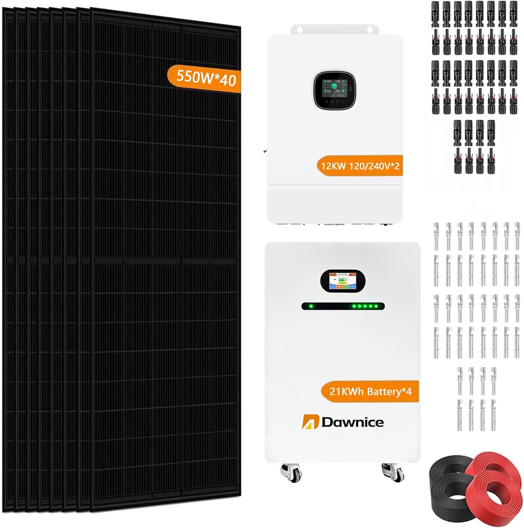 22KW Off-Grid Solar Power System Complete Kit,4Sets 48V 410Ah 21KWh LiFePO4 Battery 40PCS Bificial 550W Solar Panels,2Sets 10KW Inverter with MPPT Controller 120/240Vac