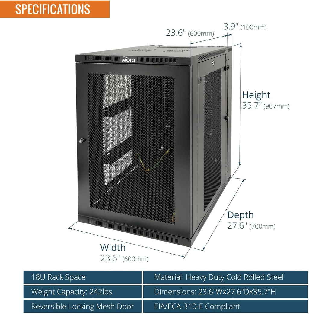 Tecmojo Fully Welded Server Cabinet, 18U Wall Mount Rack, 27.6inch Depth Network Rack, Mesh Door, Swing Out, Load Bearing 242lbs (110 kg), Network Cabinet for 19in Computer/AV/Data/IT Equipment
