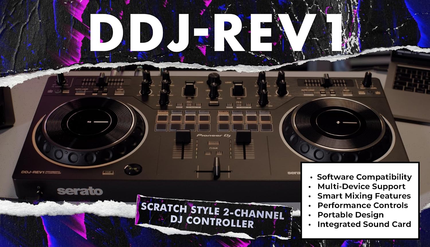 Pioneer DDJ-REV1 Scratch-Style 2-Channel DJ Controller for Serato DJ Lite - Black Bundle with Laptop Stand, Headphones and, Austin Bazaar Polishing Cloth