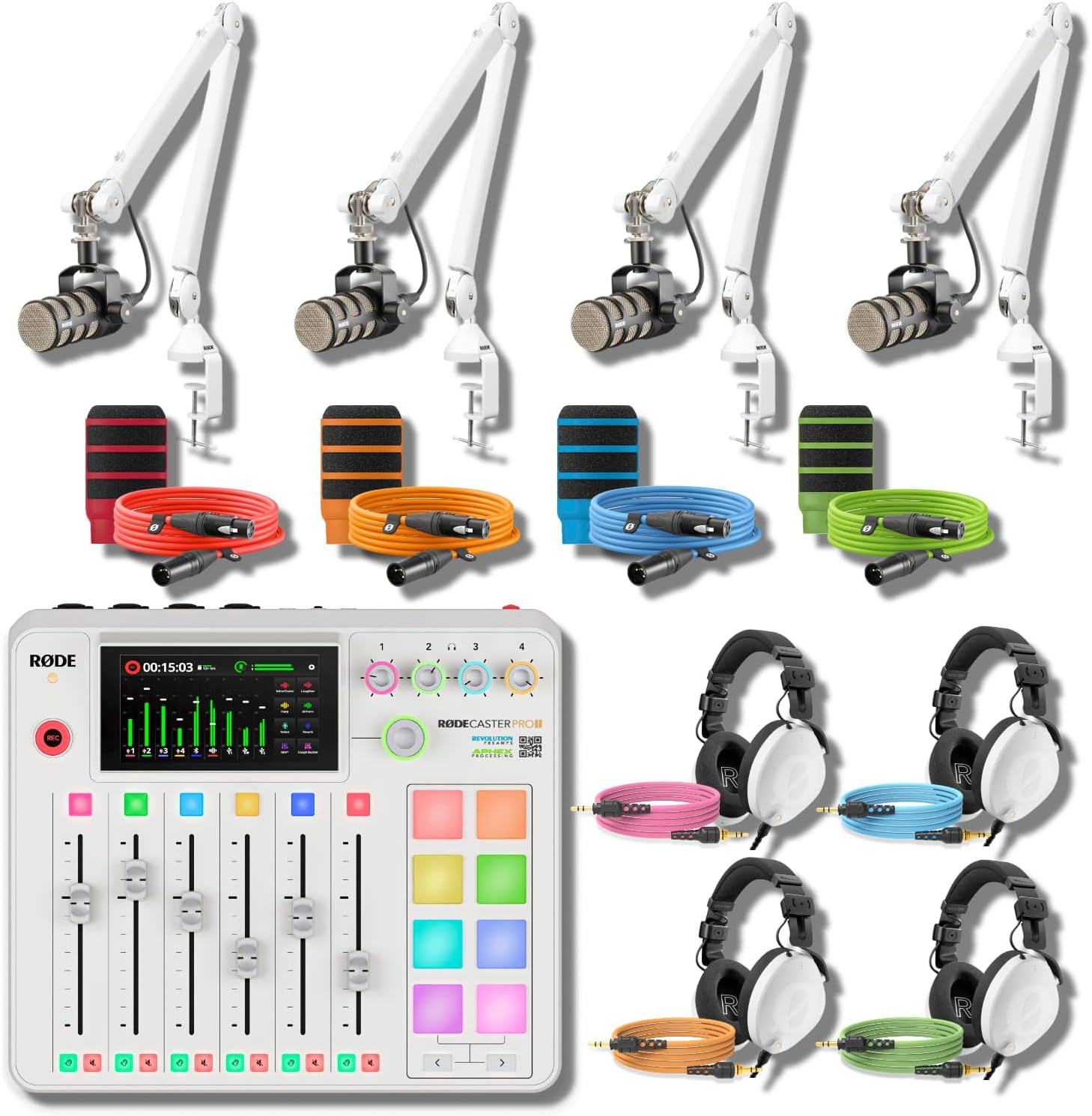 Rode RODECaster Pro 2 (White) Ultimate Podcasting Bundle with 4x PodMics, PSA1+ Boom Arms, NTH-100 Headphones, WS14 Podmic Pop Filter & Color-Coded XLR and Headphone Cables