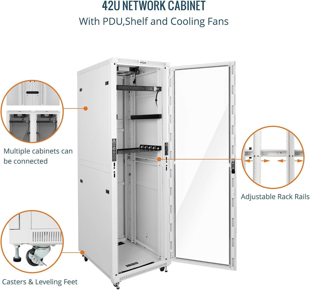 Tecmojo 42U Server Rack Network Cabinet 31.5' D x 23.6' W, Locking Data Cabinet Enclosure for 19' Server, Networking, AV & IT Equipment, Glass Door, White