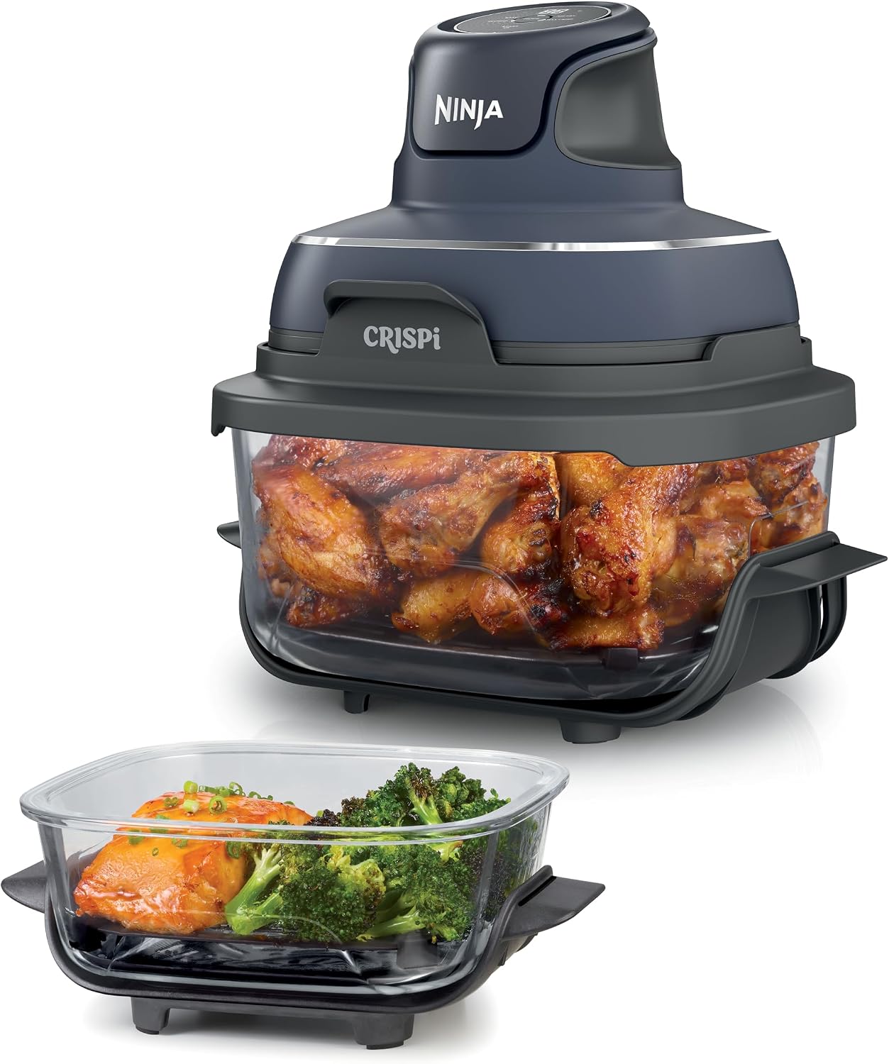 Ninja Crispi Air Fryer, Microwave, Freezer & Dishwasher Safe, Non Toxic Glass Portable Cooking System, 4 QT & 6 Cup Glass Containers with Storage Lids, Easy Meals, Air Fry, Bake, Grey (Renewed)