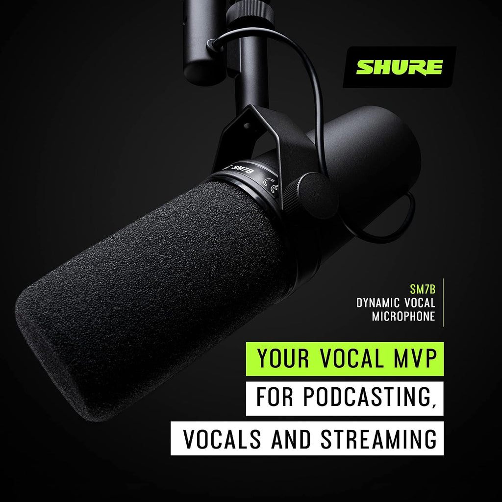 Shure SM7B Dynamic Studio Microphone - XLR Mic for Podcasting, Streaming, Vocal Recording & Broadcasting, Wide Frequency Range, Smooth Warm Audio, Detachable Windscreen, Black