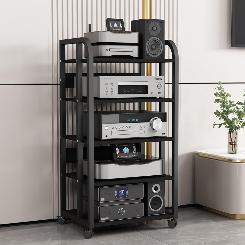 5-Tier AV Media Stand with Wheels, Audio-Video Shelving Adjustable, Modern Stereo Cabinet Receiver Console Shelf, Audio Component Rack for Home/Office/Theater, Blcak