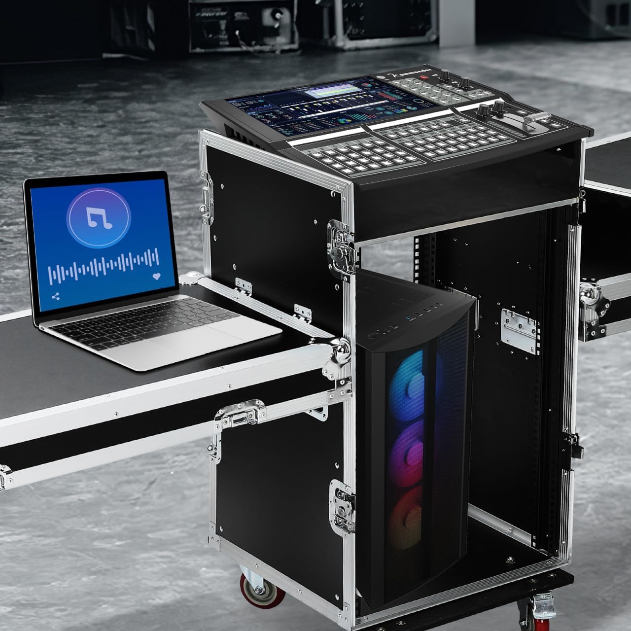 16U Dj Audio Rack, Recording Studio Rack with Top Mixer Workbench, 4 Casters,Two Foldable Dj Bench and Sliding Drawer for Stage Performance and Equipment Storage 38.18 * 28.34 * 20.86in