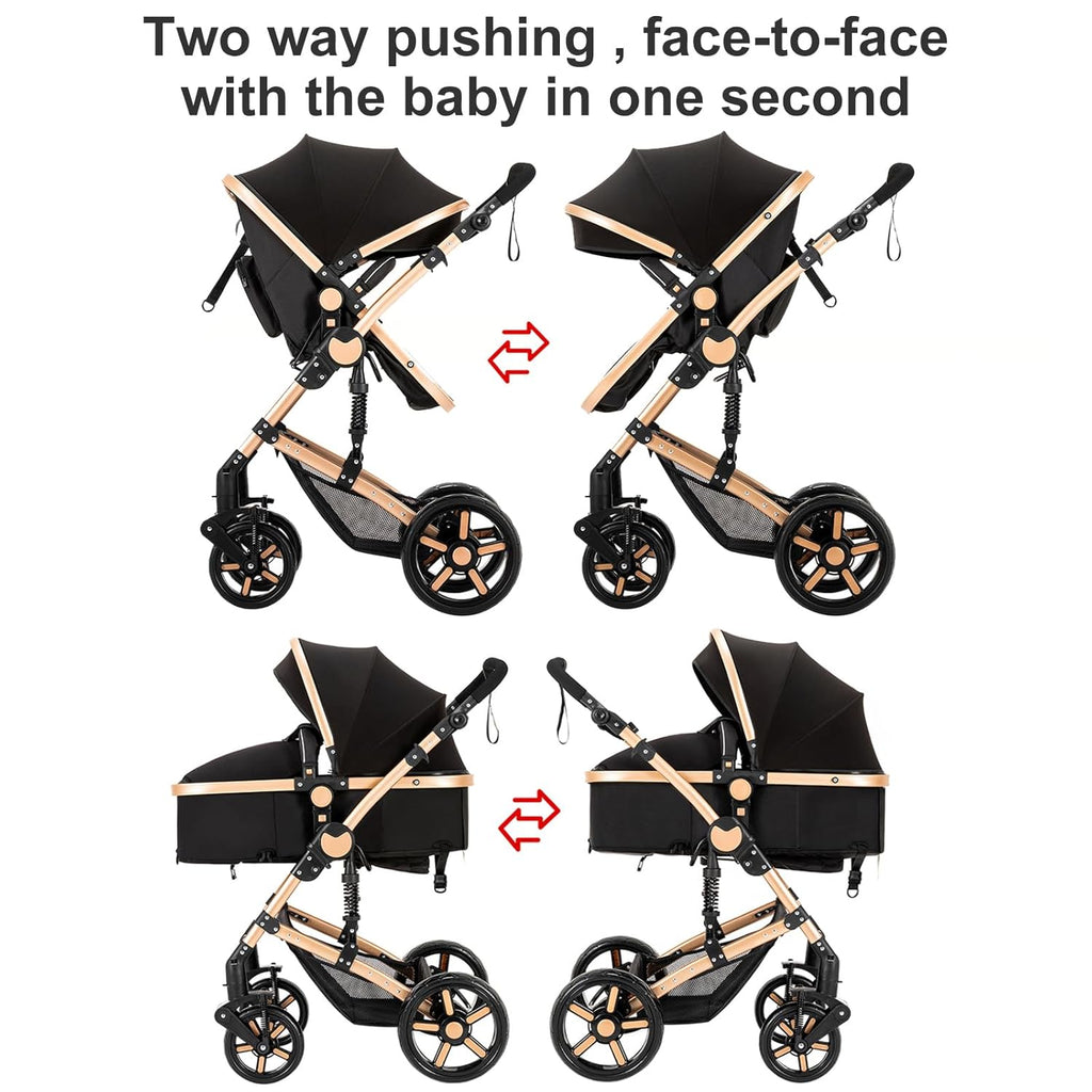 2 in 1 Baby Stroller, Convertible Pram, Reversible Standard Baby Stroller, Portable Baby Buggy, Infant Carriage, Foldable High Landscape Pushchair for Toddler Newborn (2US588-KHAKI)