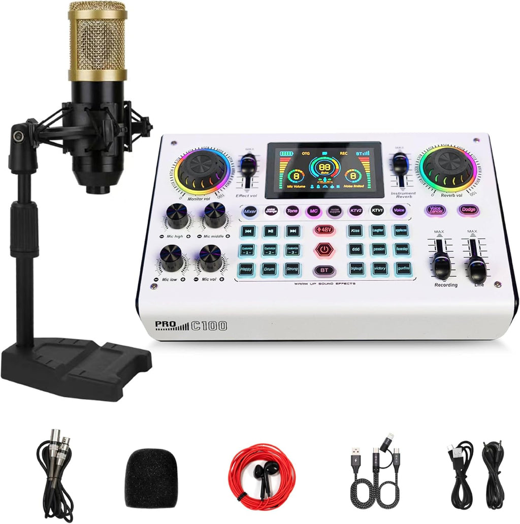 HICALL C100 PRO - P15 Mixing Console Sound Card Microphone Kit - Smart Noise Cancellation, Voice Effects, Long Battery, Cross-Platform