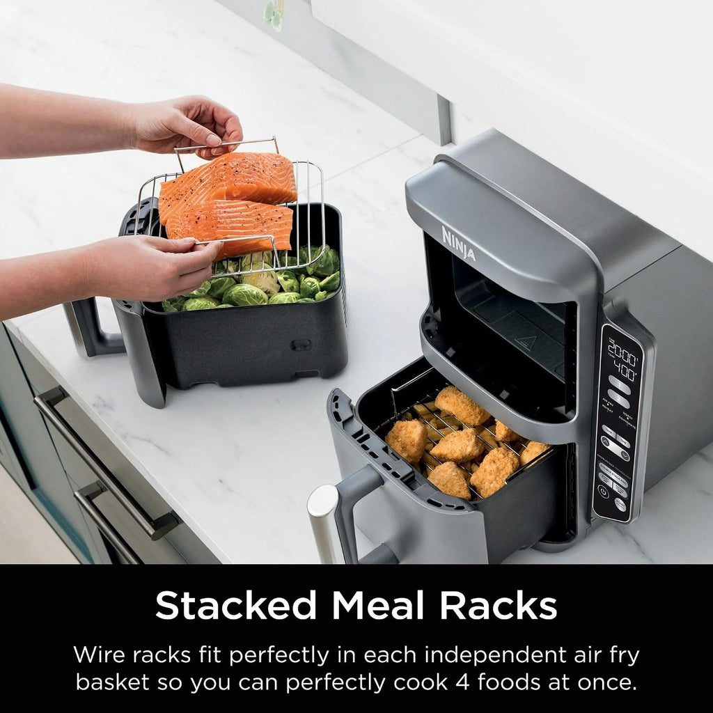 Ninja SL400 DoubleStack XL 2-Basket Air Fryer, 10 QT, Cooks 4 Foods at Once, Compact Design, 4-in-1, Smart Finish & Match Cook, Air Fry, Broil, Bake, Easy Meals, Easy Clean, Grey (Renewed)