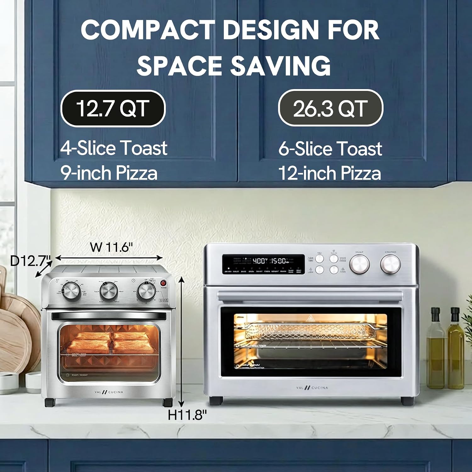 VAL CUCINA 6-in-1 Air Fryer Toaster Oven Combo, Compact 12.7 QT Small Countertop Convection Oven, Fits 9' Pizza & 4 Toast, Hexagon Hybrid Heating, Enamel Baking Pan